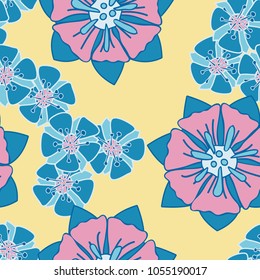 Seamless pattern. Fictional flowers arranged in random order. Texture for fashion, wallpaper and backgrounds.