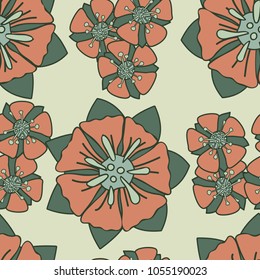 Seamless pattern. Fictional flowers arranged in random order. Texture for fashion, wallpaper and backgrounds.