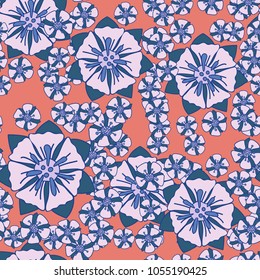 Seamless pattern. Fictional flowers arranged in random order. Texture for fashion, wallpaper and backgrounds.