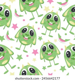 seamless pattern with fictional green monster with big eyes and long ears and colorful stars, for banners, posters or children's textiles
