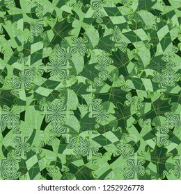 Seamless pattern of fictional maple leaves on a lace background.