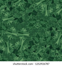 Seamless pattern of fictional maple leaves on a lace background.