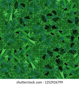 Seamless pattern of fictional maple leaves on a lace background.