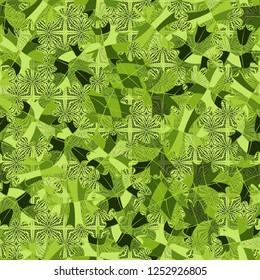 Seamless pattern of fictional maple leaves on a lace background.