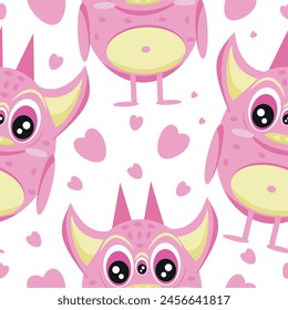 seamless pattern with a fictional pink monster with three eyes, pink horns with a yellow belly and pink hearts, for banners, posters or children's textiles