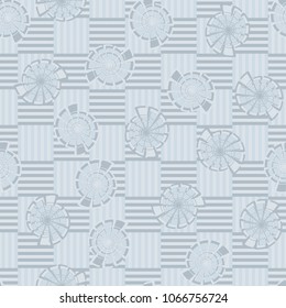 Seamless pattern. Fictional shells on a chessboard background. Abstraction. Three-colored texture.