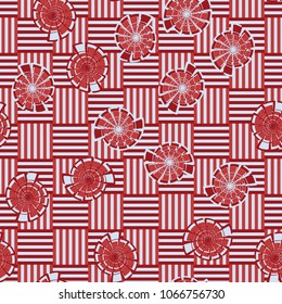 Seamless pattern. Fictional shells on a chessboard background. Abstraction. Three-colored texture.