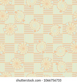 Seamless pattern. Fictional shells on a chessboard background. Abstraction. Three-colored texture.