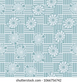 Seamless pattern. Fictional shells on a chessboard background. Abstraction. Three-colored texture.