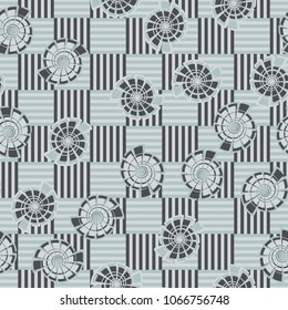 Seamless pattern. Fictional shells on a chessboard background. Abstraction. Three-colored texture.