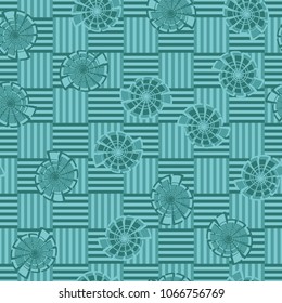 Seamless pattern. Fictional shells on a chessboard background. Abstraction. Three-colored texture.