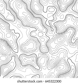 Seamless pattern. Fictional topo contour map design. Vector. Geography concept. Abstract wavy graphic backdrop. Cartography and topology. Line topographic contour map background. Black and white.