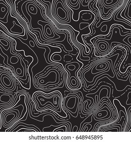 Seamless Pattern. Fictional Topo Contour Map Design. Vector. Geography Concept. Abstract Wavy Graphic Backdrop. Cartography And Topology. Line Topographic Contour Map Background. Black And White.