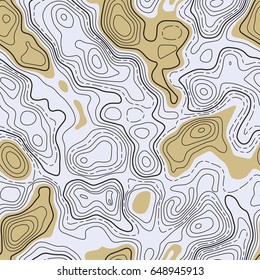 Seamless pattern. Fictional topo contour map design. Vector. Geography concept. Abstract wavy graphic backdrop. Cartography and topology. Line topographic contour map background. Sepia and gray.
