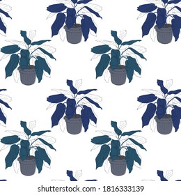 seamless pattern ficus with colored leaves in a pot. isolated on white background. luscious foliage. Clothes print, fashion. Fabric design, notebook cover, diary, flower wrapping paper. abstraction. 