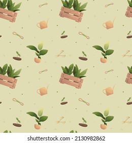 Seamless pattern with ficus, small sprout, scissors, strings, watering can. Gardening concept. Perfect for product design, scrapbooking, textile, wrapping.