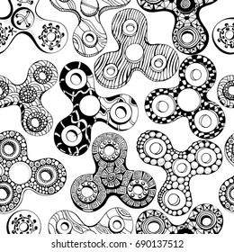 Seamless pattern with Fidget Spinners isolated on a white background in zentangle style. Black and white vector illustration of different hand spinners. Coloring book page.
