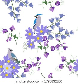 Seamless pattern with field bells, sweet pea and birds on a white background. For decorating textiles, packaging and wallpaper. Vector illustration.