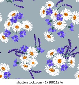 Seamless pattern with field chamomile, cornflowers and lavender on a blue background. For decorating textiles, packaging. Vector illustration.
