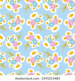 Seamless pattern with field of chamomile flowers, texture, Bouquet of wildflowers, vector illustration.