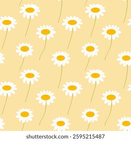 Seamless pattern with field of chamomile flowers, texture, Bouquet of wildflowers, vector illustration.