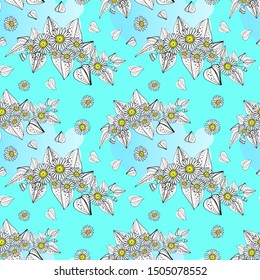 Seamless pattern from field chamomiles in the style of Provence. Summer. Spring. Flovers on light blue backgraund