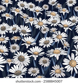 Seamless pattern of a field with daisies, a repeating pattern that can be used as wallpaper or gift wrapping. Vector illustration