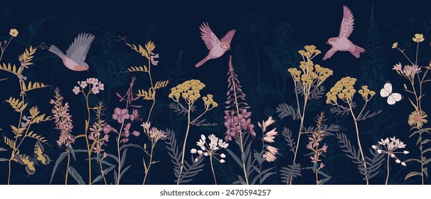 seamless pattern with field flowers and birds at dark blue background, vector drawing wild plants , hand drawn natural illustration