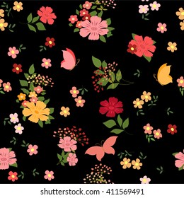 Seamless pattern with field flowers and butterflies. Vector illustration with colorful, vivid flowers and butterflies.