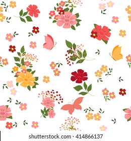 Seamless pattern with field flowers and butterflies. Vector illustration with colorful, vivid flowers and butterflies.