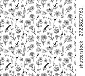 Seamless pattern with field flowers - daisy, lavender, blanketflower, petunia, coneflower, poppy in black brush stroke texture on white. Hand drawn vector sketch illustration in vintage charcoal ink