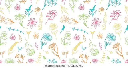 Seamless pattern with field flowers daisy, lavender, blanketflower, petunia, coneflower, poppy in colorful brush stroke texture on white. Hand drawn vector sketch illustration in vintage charcoal ink