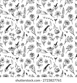 Seamless pattern with field flowers - daisy, lavender, blanketflower, petunia, coneflower, poppy in black brush stroke texture on white. Hand drawn vector sketch illustration in vintage charcoal ink