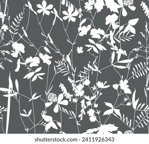 Seamless pattern. Field flowers and grasses, line drawing. Vector illustration