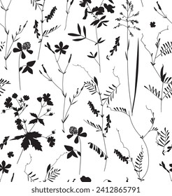 Seamless pattern. Field flowers and grasses, line drawing. Vector illustration
