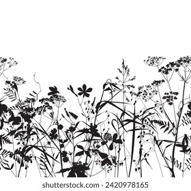 Seamless pattern. Field flowers and grasses, line drawing. Vector illustration