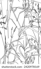 Nahtloses Muster. Feldblumen und Gräser, Linienzeichnung. Vektorgrafik