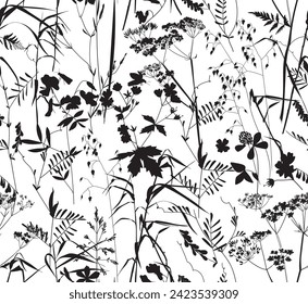 Patrón sin foco. Flores de campo y hierbas, dibujo de líneas. Ilustración del vector