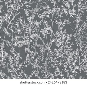 Seamless pattern. Field flowers and grasses, line drawing. Vector illustration