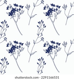Seamless pattern. Field flowers and plants in dark blue, hand-drawn on a tablet on a white background. Suitable for printing on paper, fabric, invitations and postcards. For creativity.