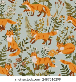 seamless pattern with field flowers and red foxes, vector drawing wild flowering plants and animals, forest background, hand drawn natural illustration