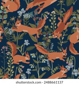 seamless pattern with field flowers and squirrels, vector drawing plants and animals at white background, wild forest, hand drawn botanical illustration