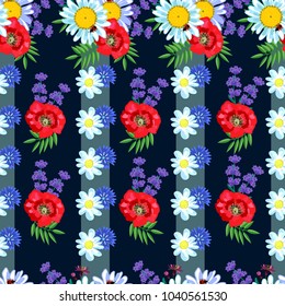 Seamless pattern with field flowers and stripes on a dark background. In the pattern cornflowers, daisies, poppies. For textiles, Wallpaper, paper.