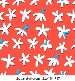Patrón sin foco con flores de campo en el estilo de minimalismo para el diseño textil, de moda. Colores vibrantes, fondo rojo. Concepto de pradera nocturna