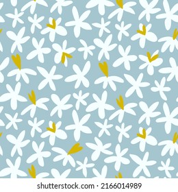 Seamless pattern with field flowers in the style of minimalism for textile, fashion design. Vibrant colors, blue background. Night meadow concept