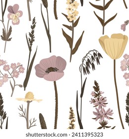 seamless pattern with field flowers, vector drawing wild flowering plants at white background, floral composition, hand drawn botanical illustration