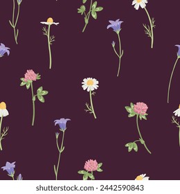 seamless pattern with field flowers, vector drawing wild flowering plants at dark purple background, floral cover design, hand drawn botanical illustration