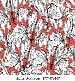 Seamless pattern with field, garden flower lily. Background for children and adults with beautiful delicate lilies in different positions. manual graphics. isolate. For textile, wallpaper, packaging 