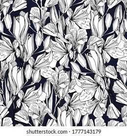 Seamless pattern with field, garden flower lily. Background for children and adults with beautiful delicate lilies in different positions. manual graphics. isolate. For textile, wallpaper, packaging 
