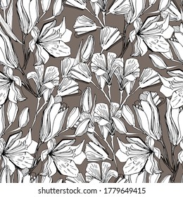 Seamless pattern with field, garden flower lily. Background for children and adults with beautiful delicate lilies in different positions. manual graphics. isolate. For textile, wallpaper, packaging 